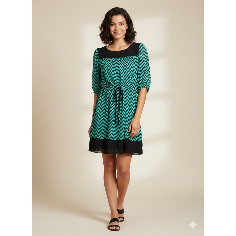 Enfocus Womens Size 6P Petites Midi Dress Black Teal Chevron Print Slit Sleeve